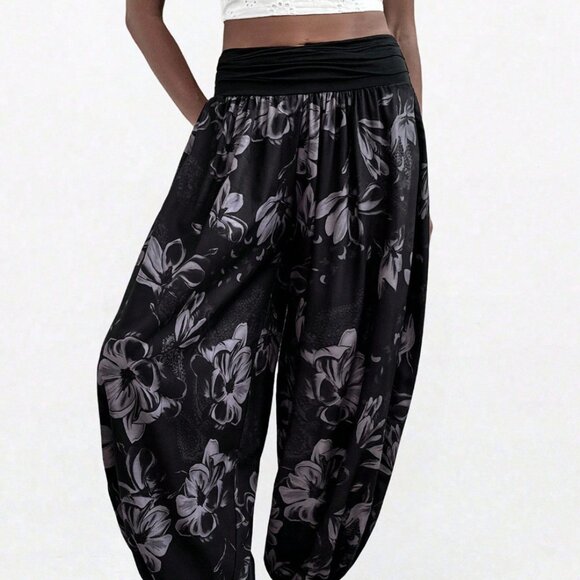 black/floral print joggers Shein size 12 - Picture 1 of 3